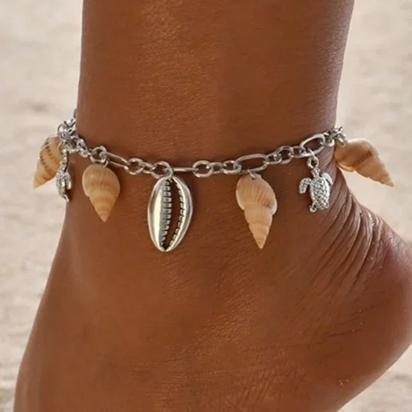 ⚡ 925 Silver Plated Turtle Starfish Sea Shell Conch Anklet, MARR9326 - Picture 2 of 6